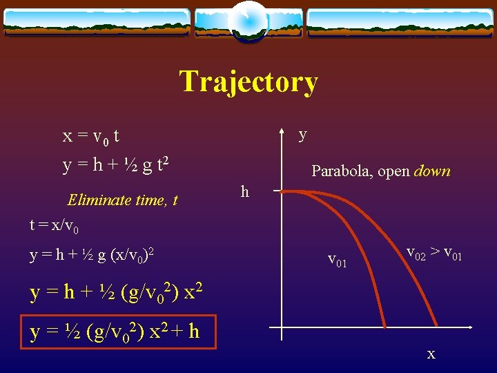 Trajectory y x = v 0 t y = h + ½ g t