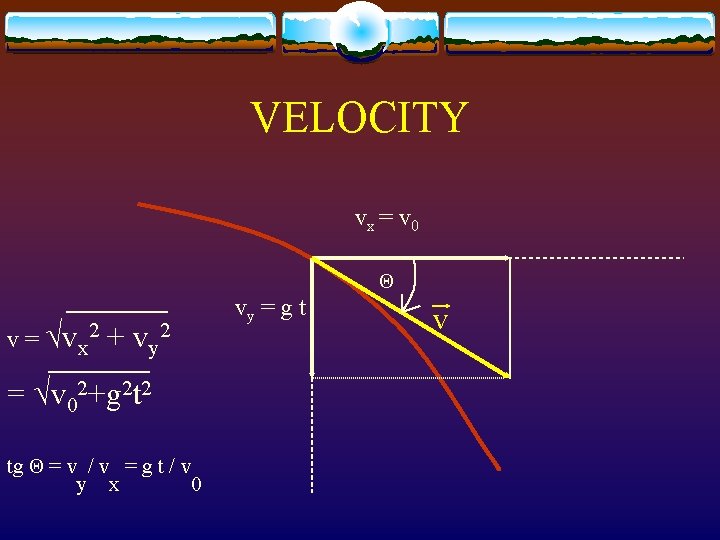 VELOCITY vx = v 0 Θ v = √vx 2 + vy 2 =