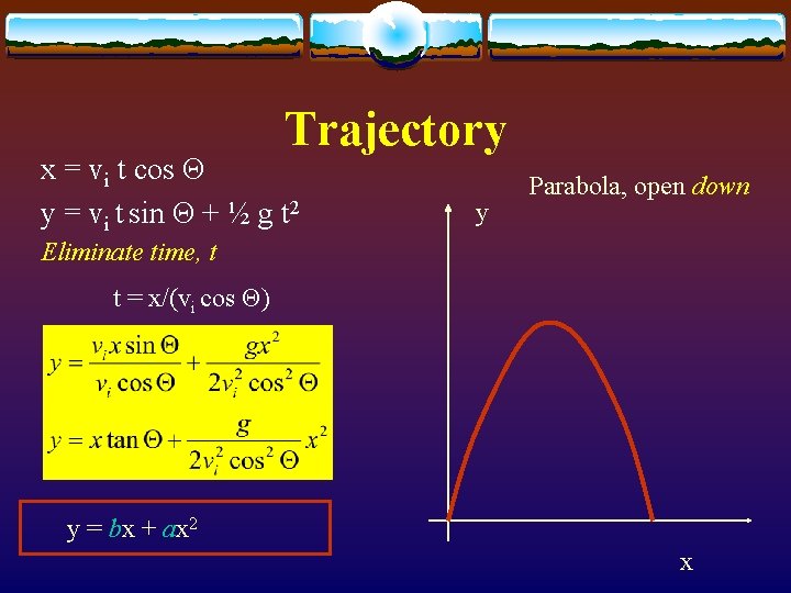 Trajectory x = vi t cos Θ y = vi t sin Θ +