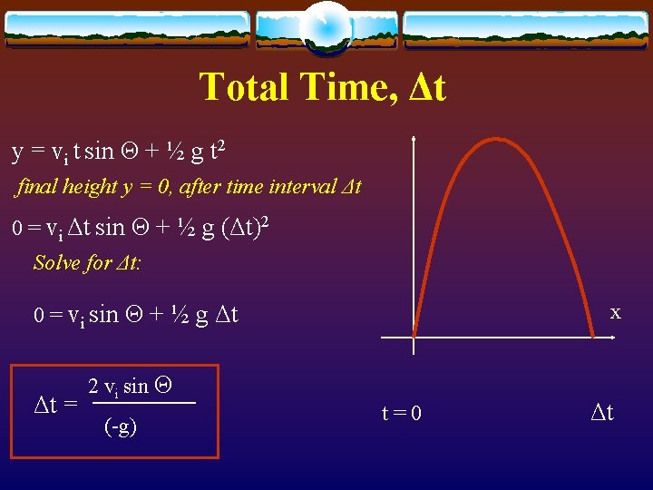 Total Time, Δt y = vi t sin Θ + ½ g t 2