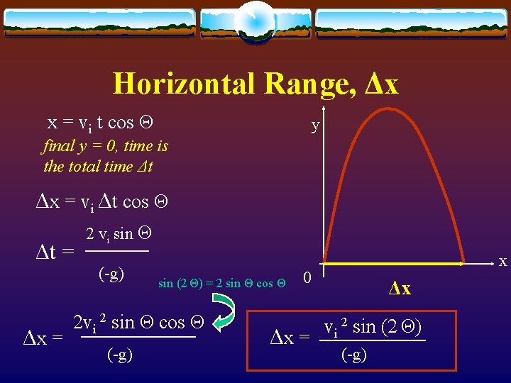 Horizontal Range, Δx x = vi t cos Θ y final y = 0,