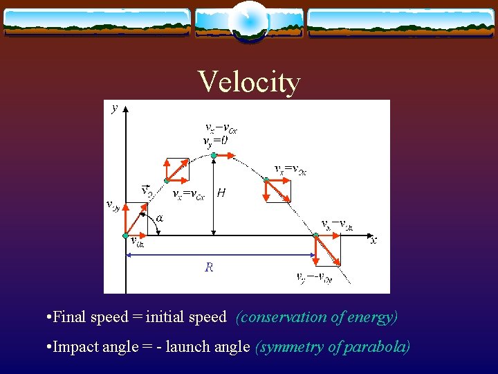 Velocity • Final speed = initial speed (conservation of energy) • Impact angle =