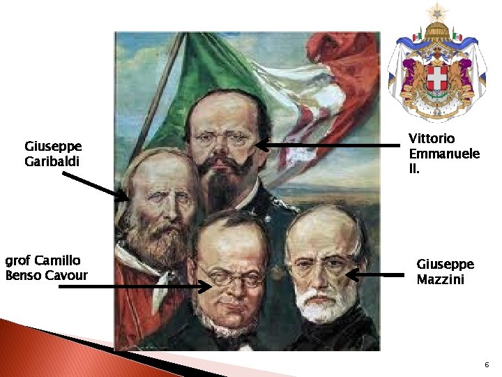 Giuseppe Garibaldi grof Camillo Benso Cavour Vittorio Emmanuele II. Giuseppe Mazzini 6 