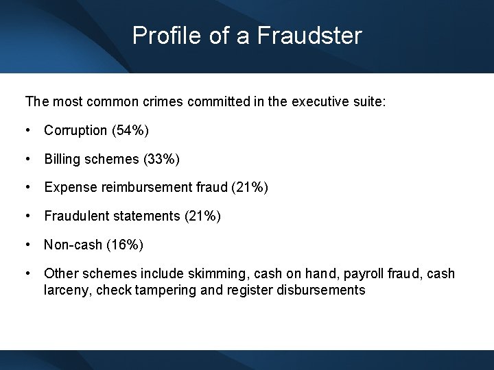 Profile of a Fraudster The most common crimes committed in the executive suite: •
