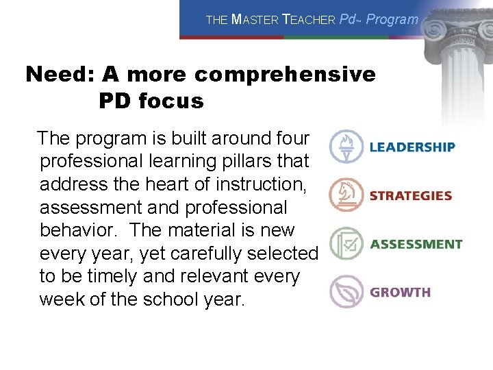 THE MASTER TEACHER Pd™ Program Need: A more comprehensive PD focus The program is