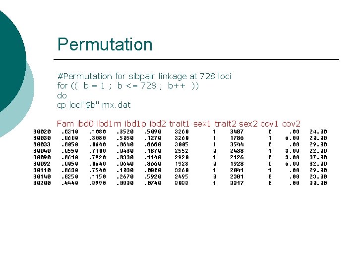 Permutation #Permutation for sibpair linkage at 728 loci for (( b = 1 ;