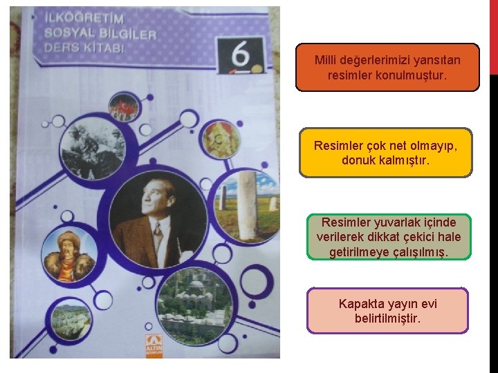 Milli değerlerimizi yansıtan resimler konulmuştur. Resimler çok net olmayıp, donuk kalmıştır. Resimler yuvarlak içinde