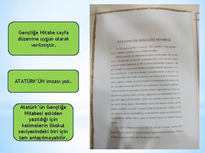 Gençliğe Hitabe sayfa düzenine uygun olarak verilmiştir. ATATÜRK’ÜN imzası yok. Atatürk’ün Gençliğe Hitabesi eskiden