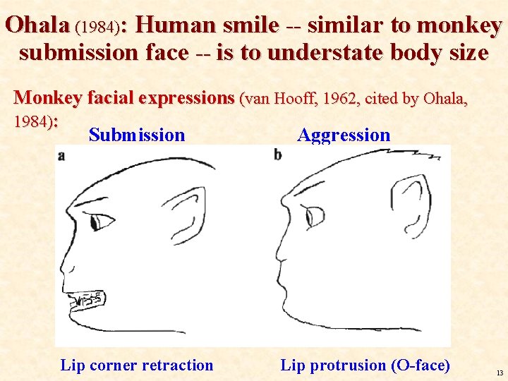 Ohala (1984): Human smile -- similar to monkey submission face -- is to understate Ohala (1984): Human smile -- similar to monkey submission face -- is to understate
