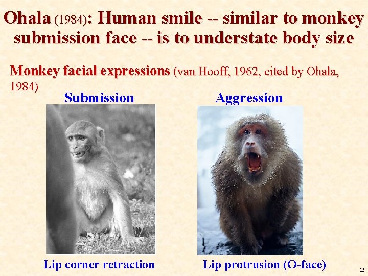 Ohala (1984): Human smile -- similar to monkey submission face -- is to understate Ohala (1984): Human smile -- similar to monkey submission face -- is to understate