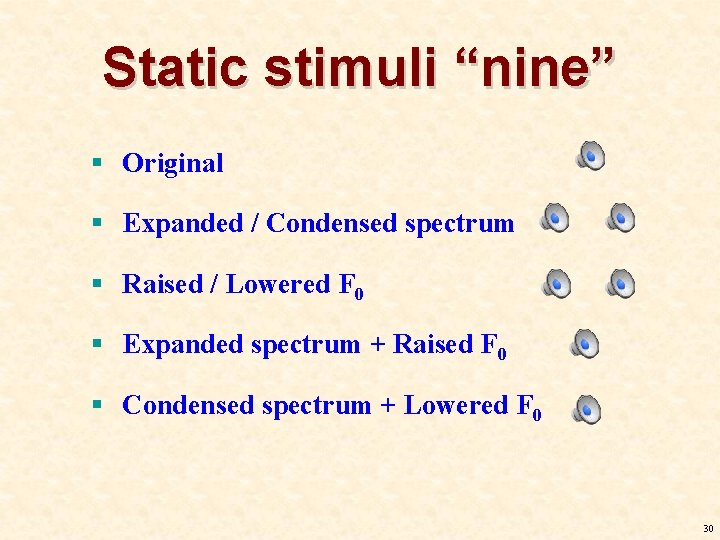 Static stimuli “nine” § Original § Expanded / Condensed spectrum § Raised / Lowered Static stimuli “nine” § Original § Expanded / Condensed spectrum § Raised / Lowered