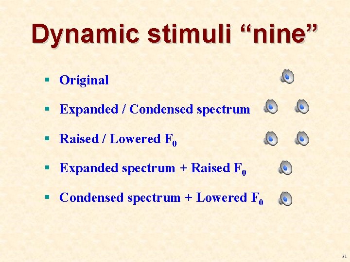 Dynamic stimuli “nine” § Original § Expanded / Condensed spectrum § Raised / Lowered Dynamic stimuli “nine” § Original § Expanded / Condensed spectrum § Raised / Lowered