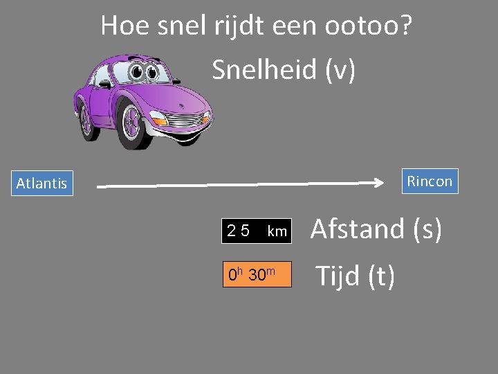 Hoe snel rijdt een ootoo? Snelheid (v) Rincon Atlantis 2 5 km 0 h