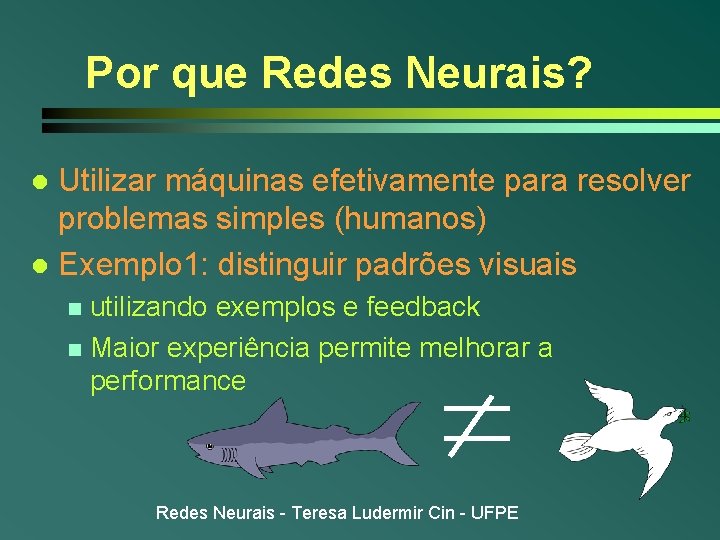 Por que Redes Neurais? Utilizar máquinas efetivamente para resolver problemas simples (humanos) l Exemplo Por que Redes Neurais? Utilizar máquinas efetivamente para resolver problemas simples (humanos) l Exemplo