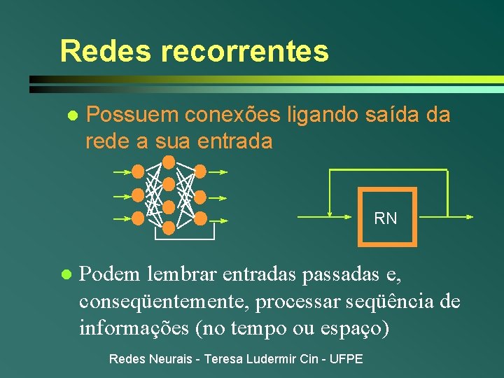 Redes recorrentes l Possuem conexões ligando saída da rede a sua entrada RN l Redes recorrentes l Possuem conexões ligando saída da rede a sua entrada RN l