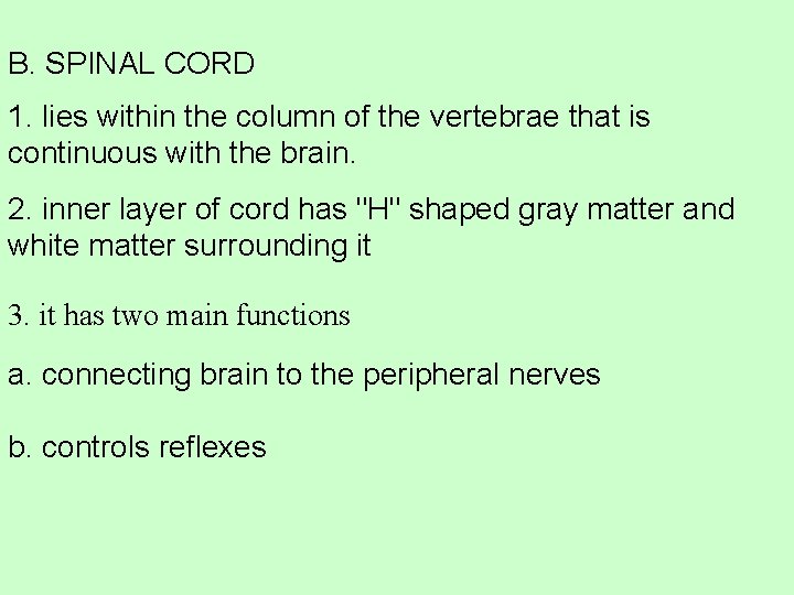 B. SPINAL CORD 1. lies within the column of the vertebrae that is continuous