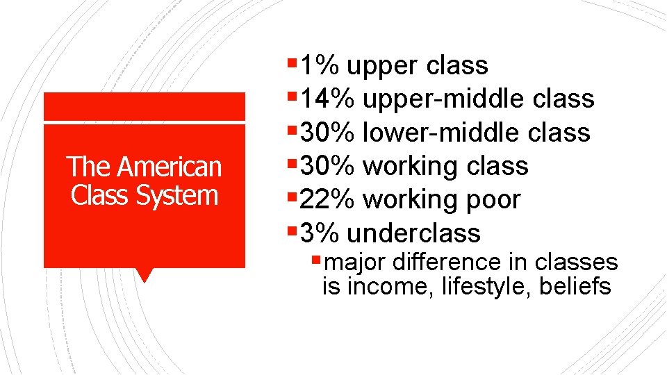 The American Class System § 1% upper class § 14% upper-middle class § 30%