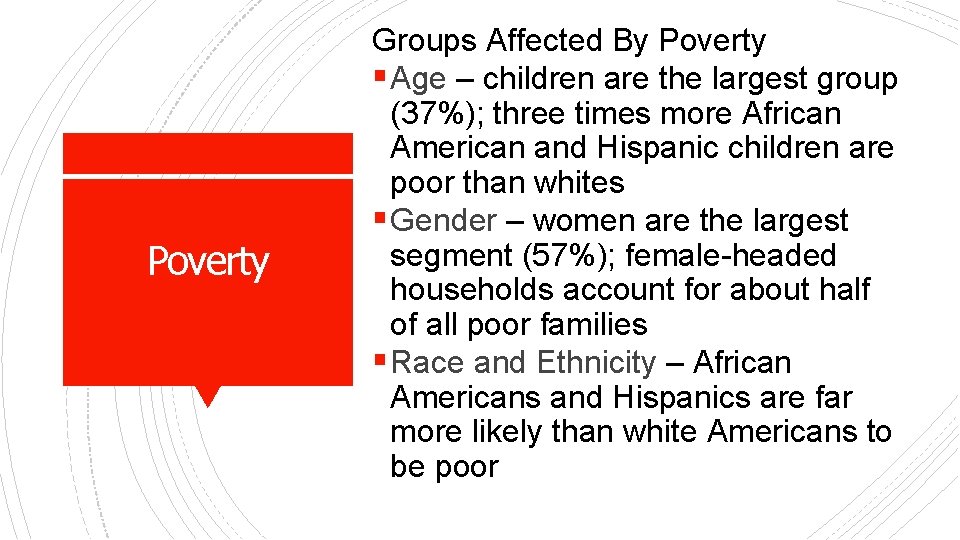 Poverty Groups Affected By Poverty § Age – children are the largest group (37%);