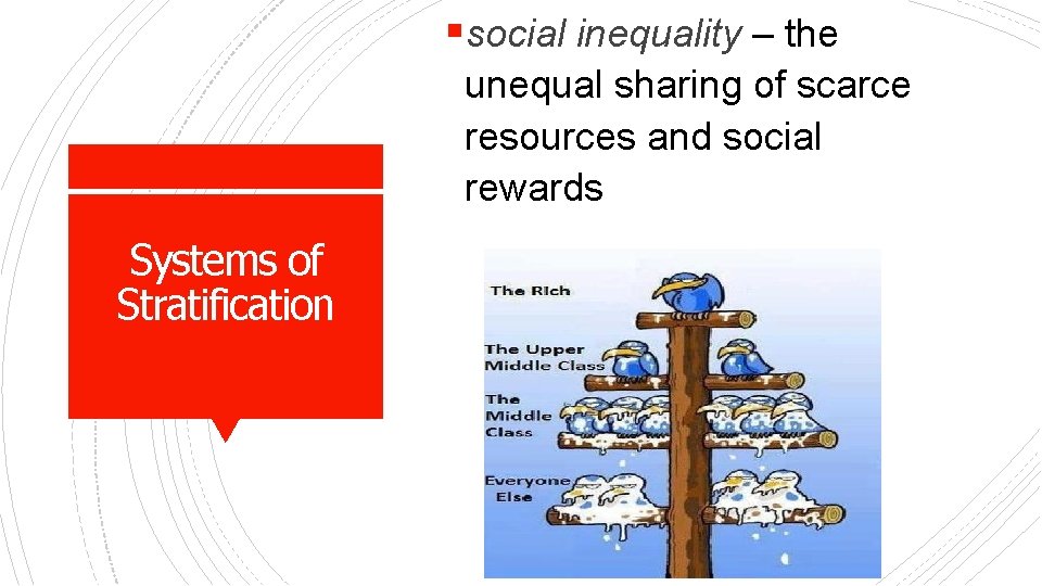 §social inequality – the unequal sharing of scarce resources and social rewards Systems of