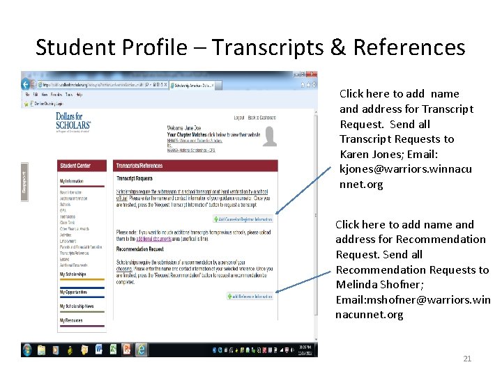 Student Profile – Transcripts & References Click here to add name and address for