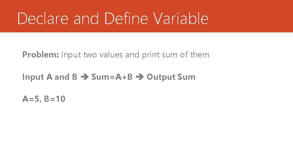 Declare and Define Variable Problem: Input two values and print sum of them Input Declare and Define Variable Problem: Input two values and print sum of them Input