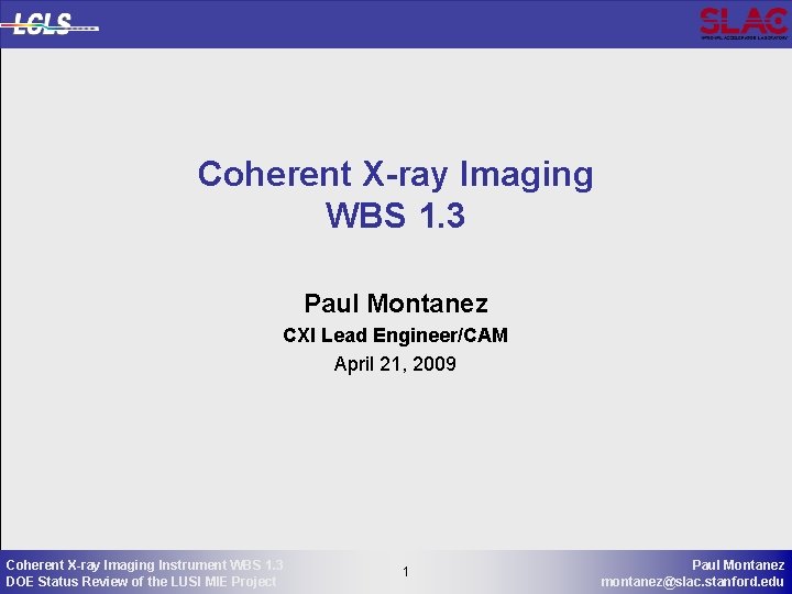 Coherent X-ray Imaging WBS 1. 3 Paul Montanez CXI Lead Engineer/CAM April 21, 2009