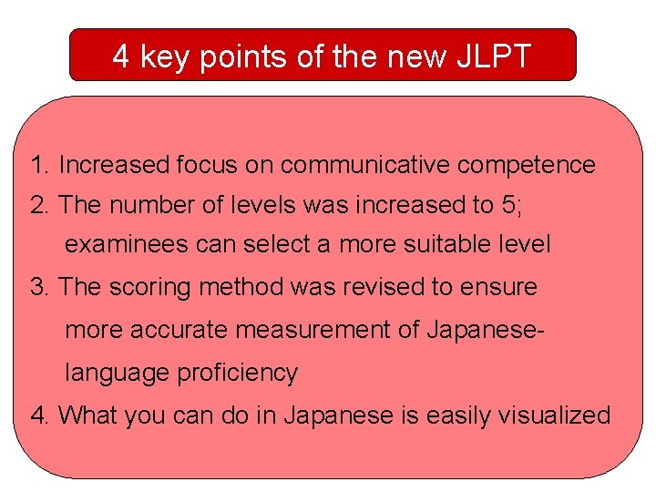 4 key points of the new JLPT 1. Increased focus on communicative competence 2.