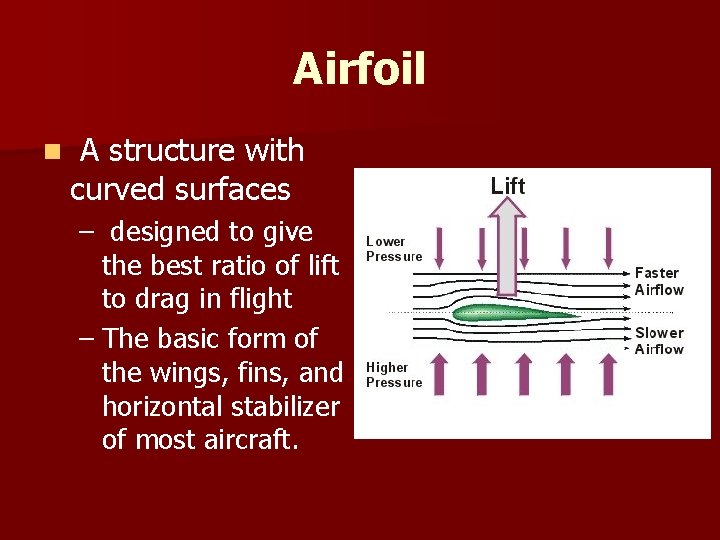 Airfoil n A structure with curved surfaces – designed to give the best ratio