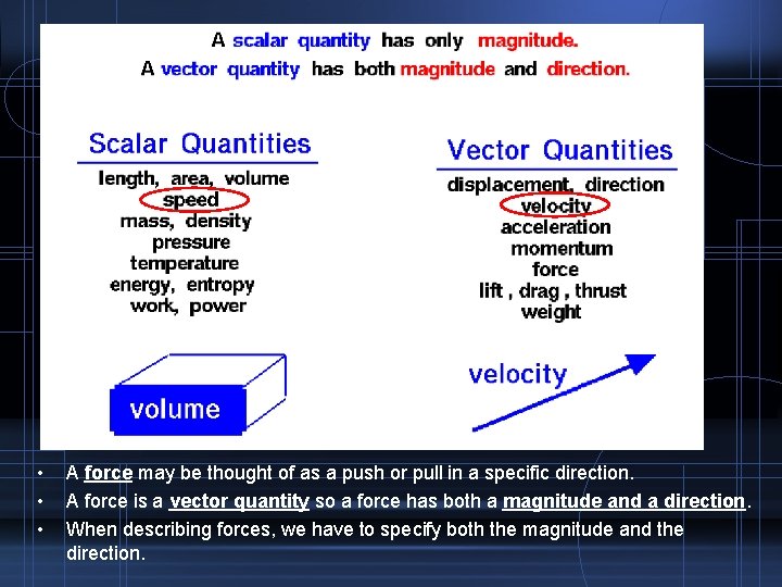 Forces and Vectors • • • A force may be thought of as a
