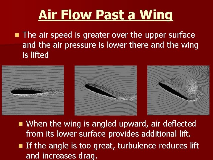 Air Flow Past a Wing n The air speed is greater over the upper