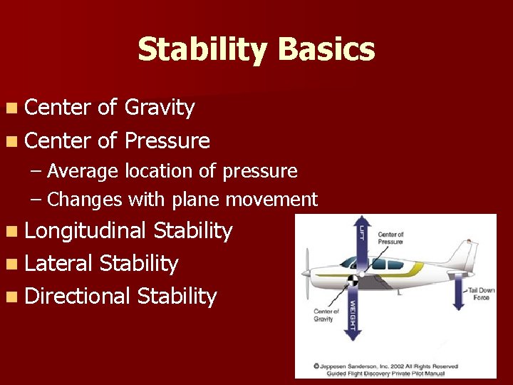Stability Basics n Center of Gravity n Center of Pressure – Average location of