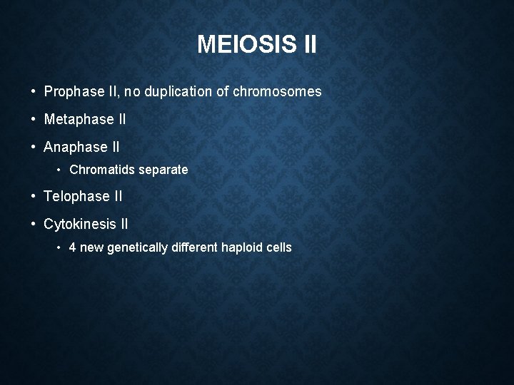 MEIOSIS II • Prophase II, no duplication of chromosomes • Metaphase II • Anaphase