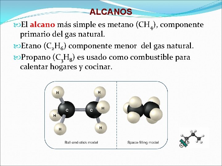 ALCANOS El alcano más simple es metano (CH 4), componente primario del gas natural.