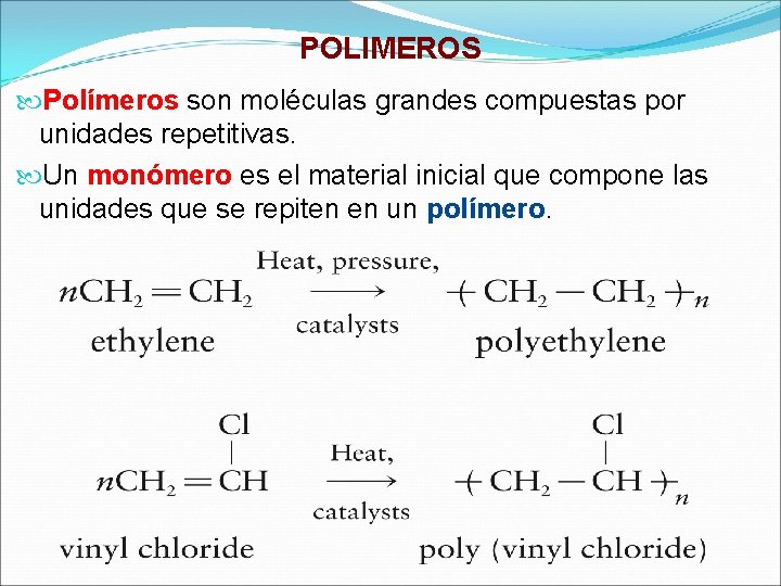 POLIMEROS Polímeros son moléculas grandes compuestas por unidades repetitivas. Un monómero es el material