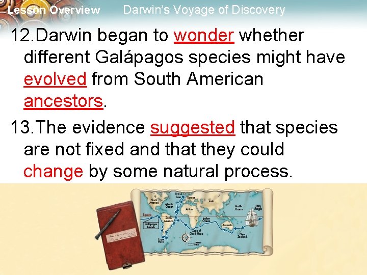 Lesson Overview Darwin’s Voyage of Discovery 12. Darwin began to wonder whether different Galápagos