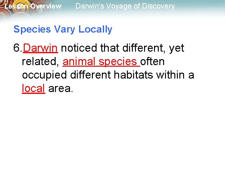 Lesson Overview Darwin’s Voyage of Discovery Species Vary Locally 6. Darwin noticed that different,