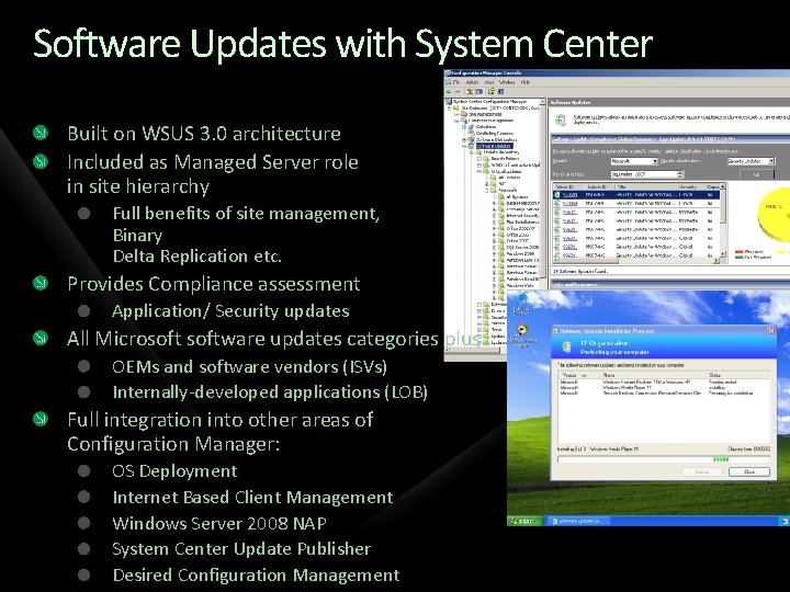 Software Updates with System Center Built on WSUS 3. 0 architecture Included as Managed