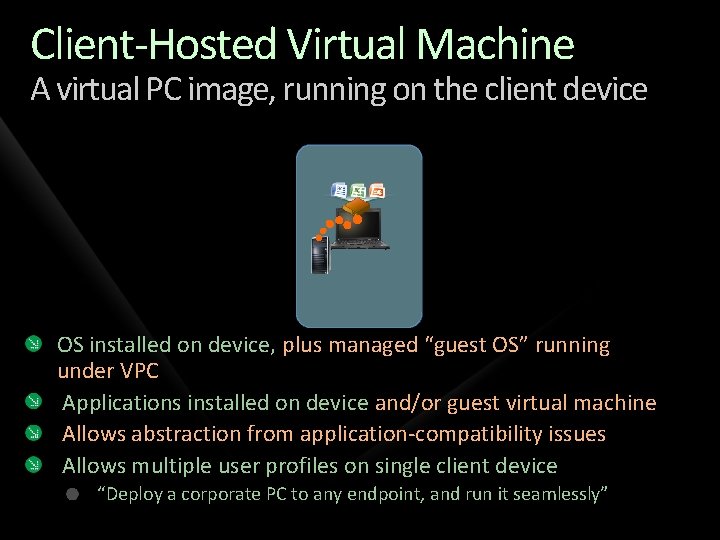 Client-Hosted Virtual Machine A virtual PC image, running on the client device OS installed