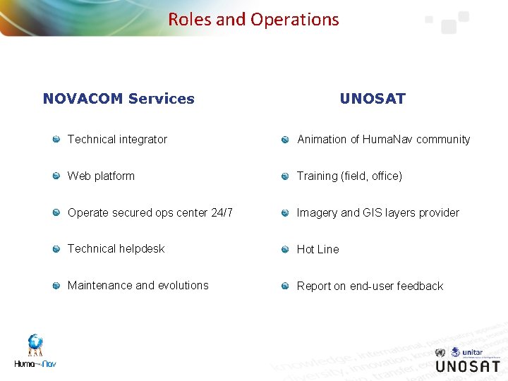 Roles and Operations NOVACOM Services UNOSAT Technical integrator Animation of Huma. Nav community Web