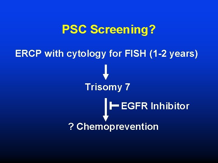 PSC Screening? ERCP with cytology for FISH (1 -2 years) Trisomy 7 EGFR Inhibitor