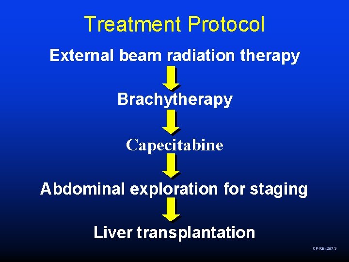 Treatment Protocol External beam radiation therapy Brachytherapy Capecitabine Abdominal exploration for staging Liver transplantation Treatment Protocol External beam radiation therapy Brachytherapy Capecitabine Abdominal exploration for staging Liver transplantation