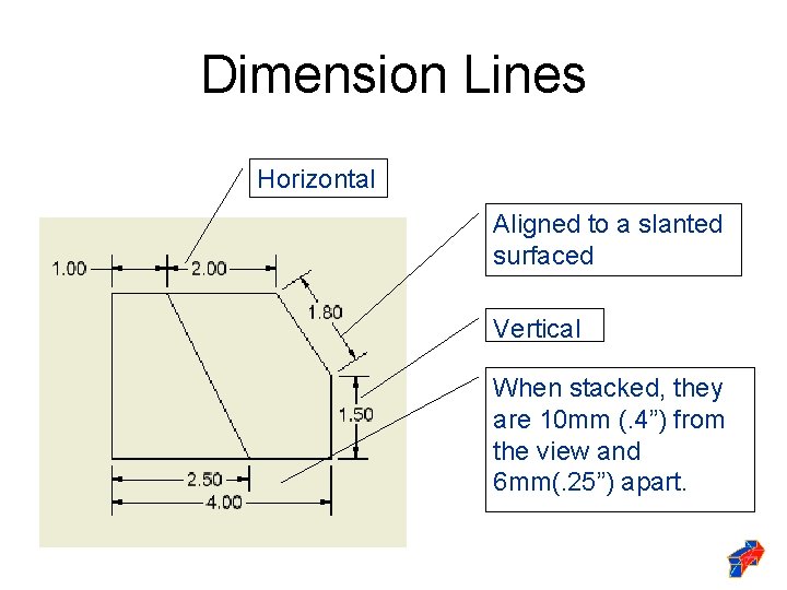 Dimension Lines Horizontal Aligned to a slanted surfaced Vertical When stacked, they are 10