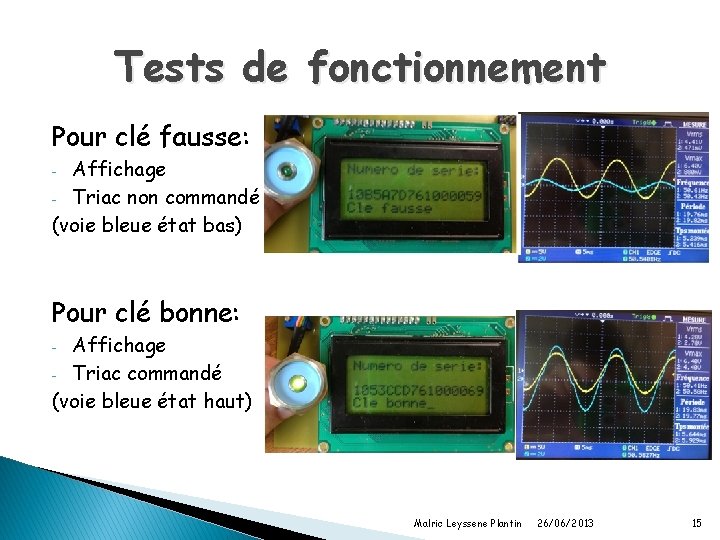 Tests de fonctionnement Pour clé fausse: Affichage - Triac non commandé (voie bleue état