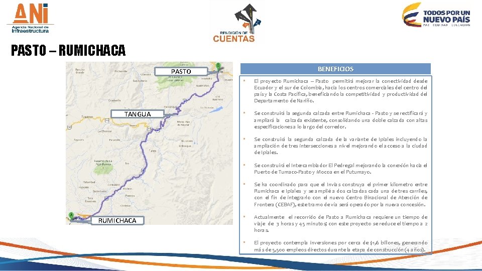 PASTO – RUMICHACA BENEFICIOS PASTO TANGUA RUMICHACA • El proyecto Rumichaca – Pasto permitirá