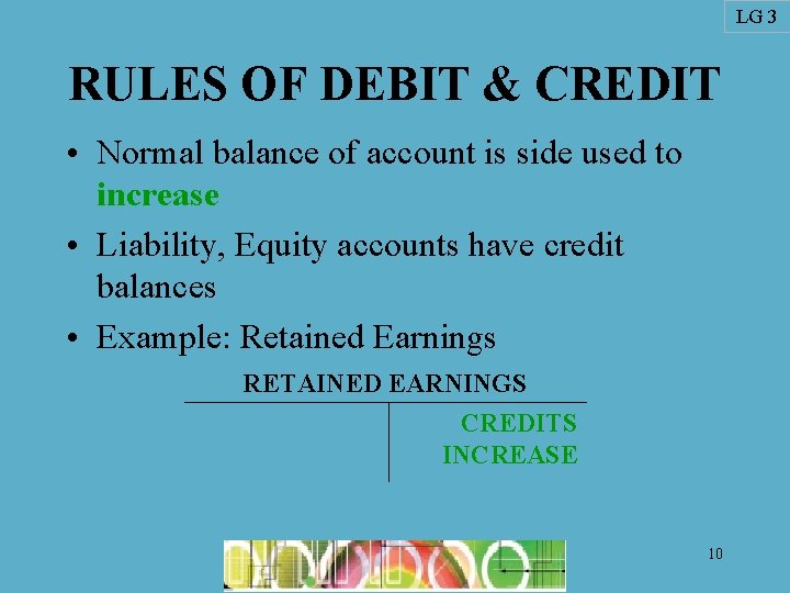 LG 3 RULES OF DEBIT & CREDIT • Normal balance of account is side