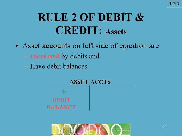 LG 3 RULE 2 OF DEBIT & CREDIT: Assets • Asset accounts on left