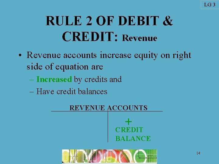 LG 3 RULE 2 OF DEBIT & CREDIT: Revenue • Revenue accounts increase equity