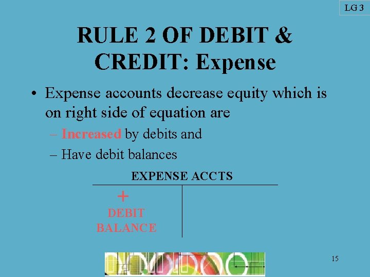 LG 3 RULE 2 OF DEBIT & CREDIT: Expense • Expense accounts decrease equity LG 3 RULE 2 OF DEBIT & CREDIT: Expense • Expense accounts decrease equity