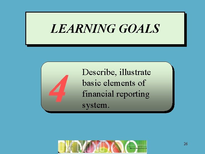 LEARNING GOALS 4 Describe, illustrate basic elements of financial reporting system. 26 