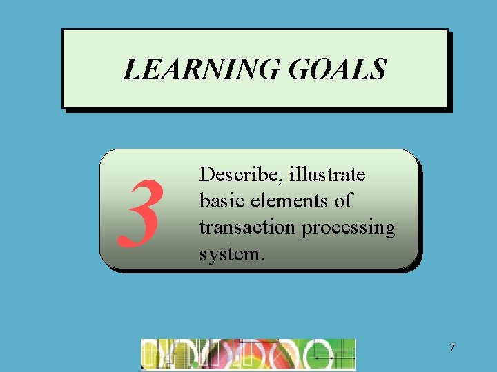 LEARNING GOALS 3 Describe, illustrate basic elements of transaction processing system. 7 LEARNING GOALS 3 Describe, illustrate basic elements of transaction processing system. 7